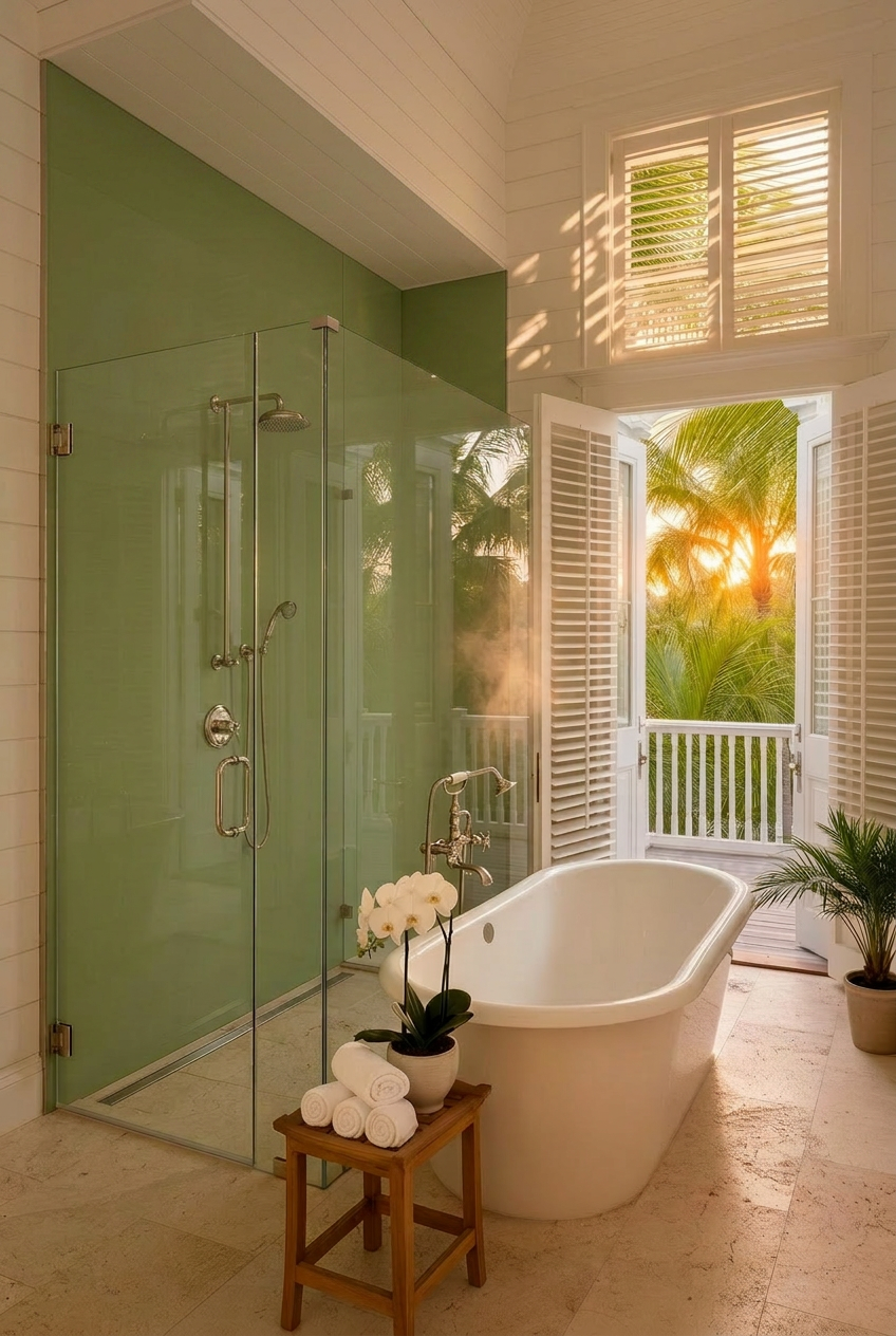 Florida Keys oceanfront kitchen with a back-painted decorative glass feature wall in deep tropical teal