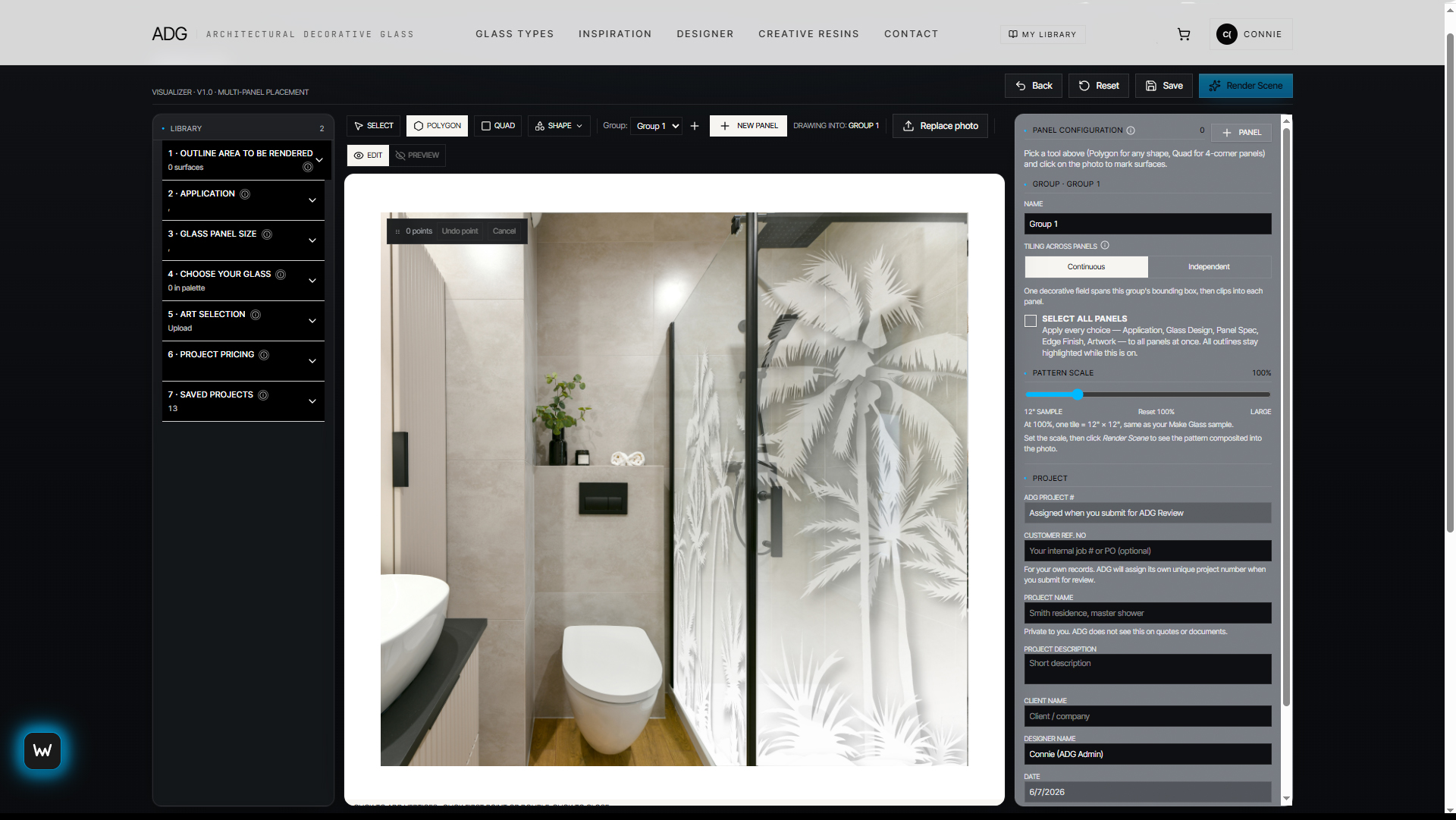 ADG Designer in-browser tool showing a decorative glass panel composed over a master bath shower scene