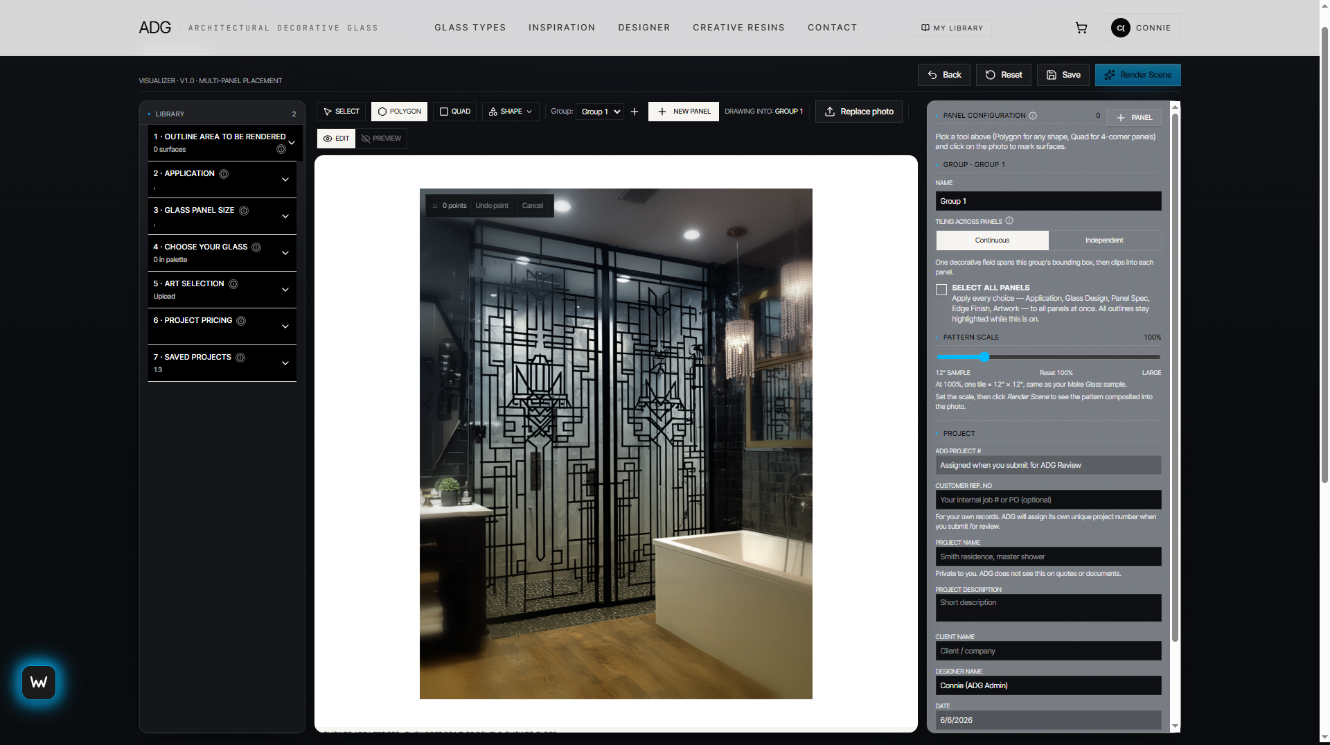 ADG Designer in-browser tool showing a decorative glass panel composed over a master bath shower scene
