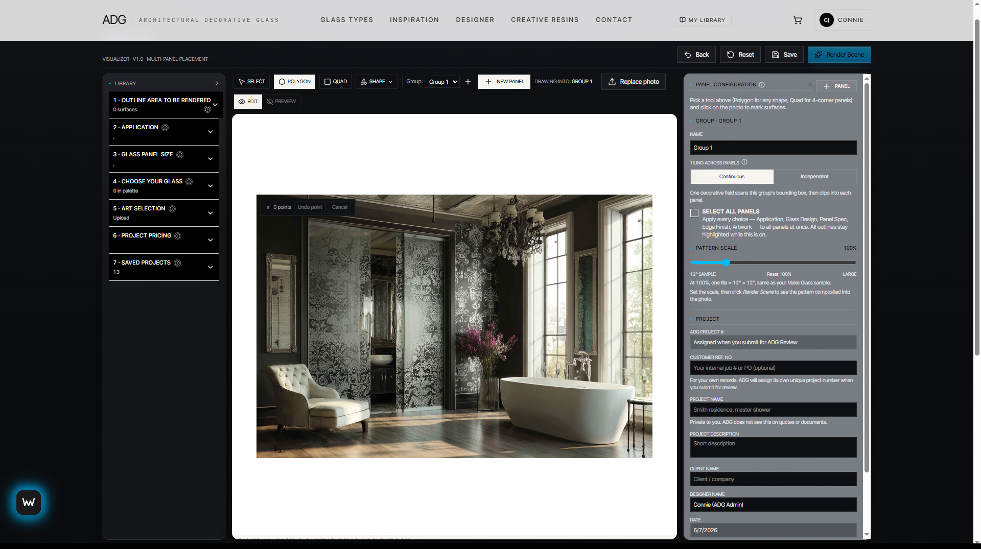 ADG Designer in-browser tool showing a decorative glass panel composed over a project scene