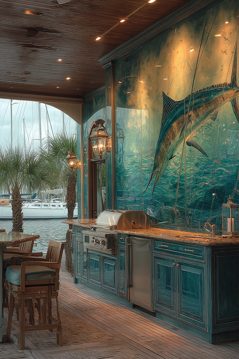 Modern Tampa Bay waterfront outdoor kitchen with a full-height back-painted printed decorative glass backsplash behind the grill, featuring an abstract painterly rendering of a blue marlin at the strike