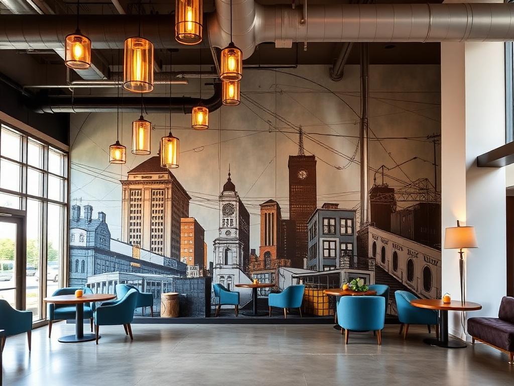 St. Petersburg boutique hotel lobby with a large-scale printed decorative glass mural wall in an art-district interior