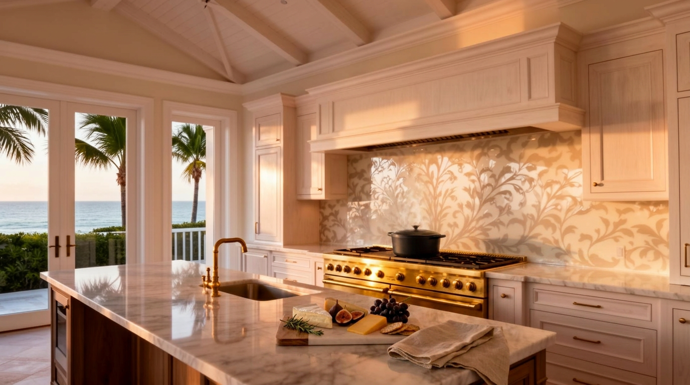 Gourmet Key West-style kitchen with a full-height printed decorative glass backsplash in festive pastel tropical florals, white cabinetry, marble island, and French doors open to a palm-lined veranda at golden hour