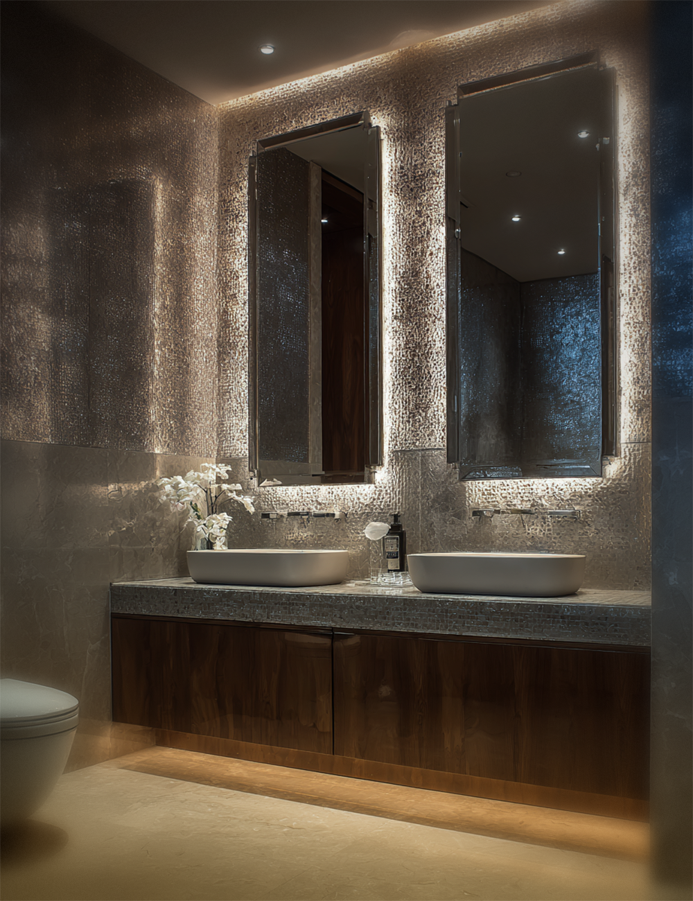 Printed shower glass feature wall behind backlit mirrors in a luxury bathroom