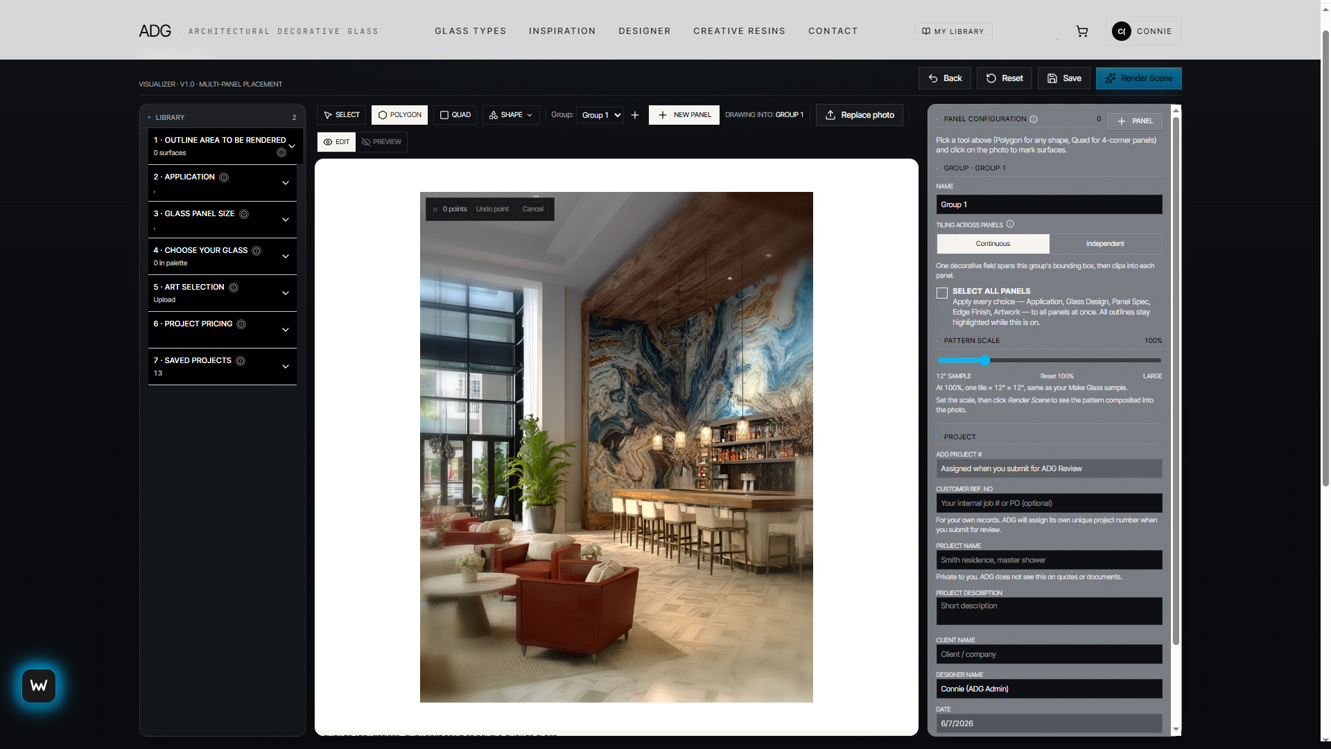 ADG Designer in-browser tool showing a decorative glass panel composed over a master bath shower scene