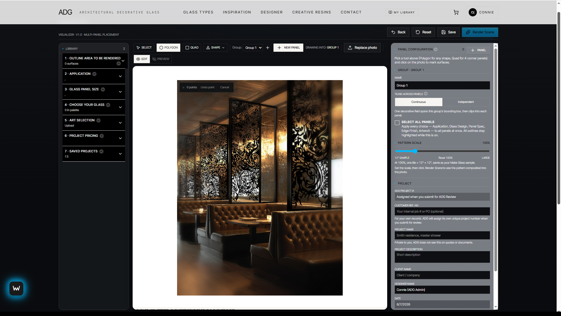 ADG Designer in-browser tool showing a decorative glass panel composed over a master bath shower scene