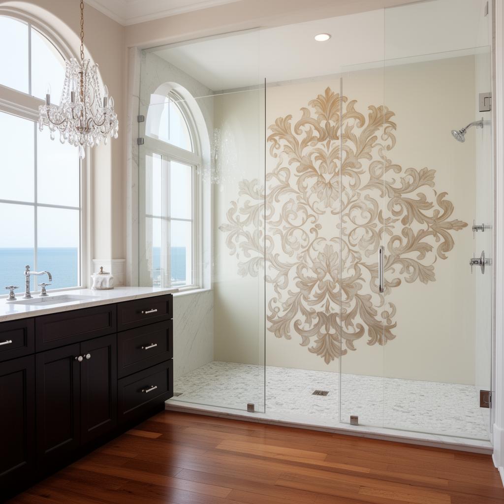 Davis Islands Tampa waterfront primary bathroom with a mirror-finish back-painted decorative glass shower wall and bay view