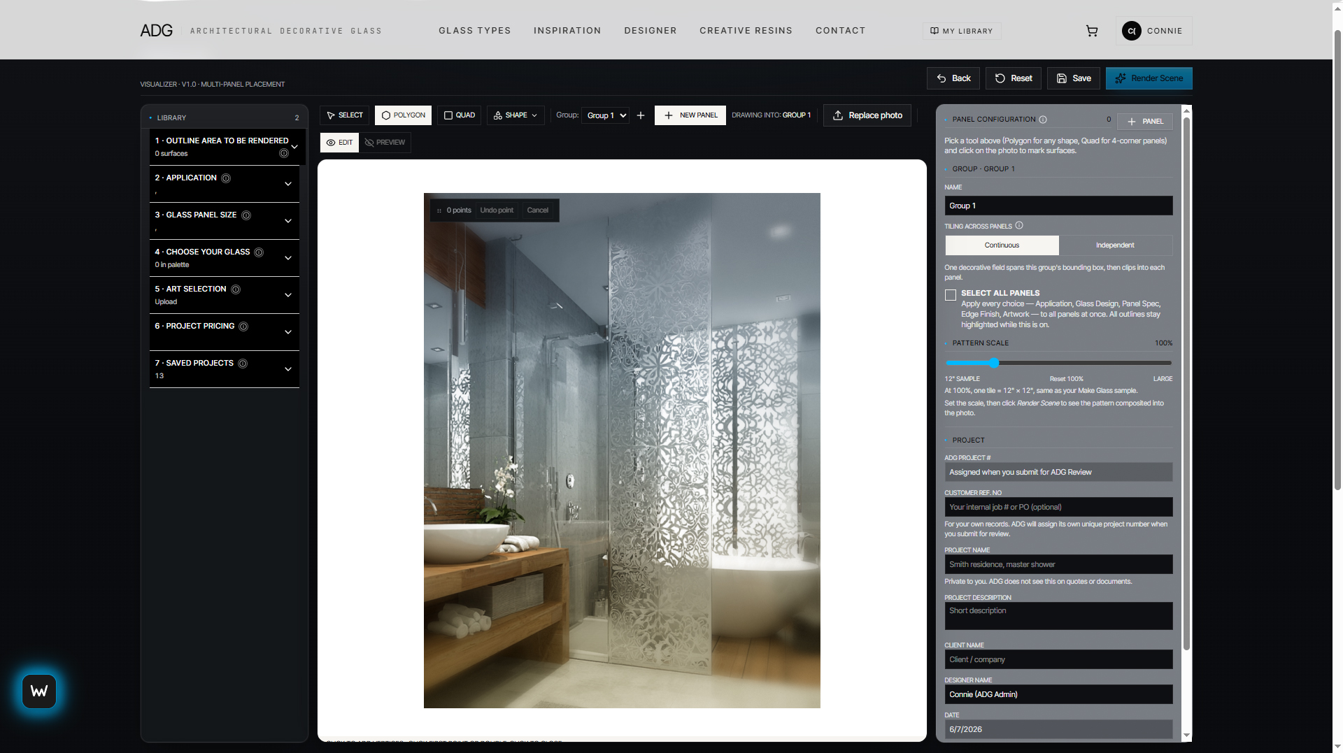 ADG Designer in-browser tool showing a decorative glass panel composed over a master bath shower scene