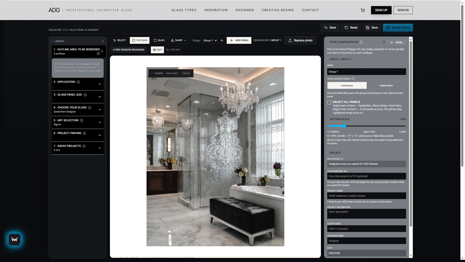 ADG Designer in-browser tool showing a decorative glass panel composed over a master bath shower scene