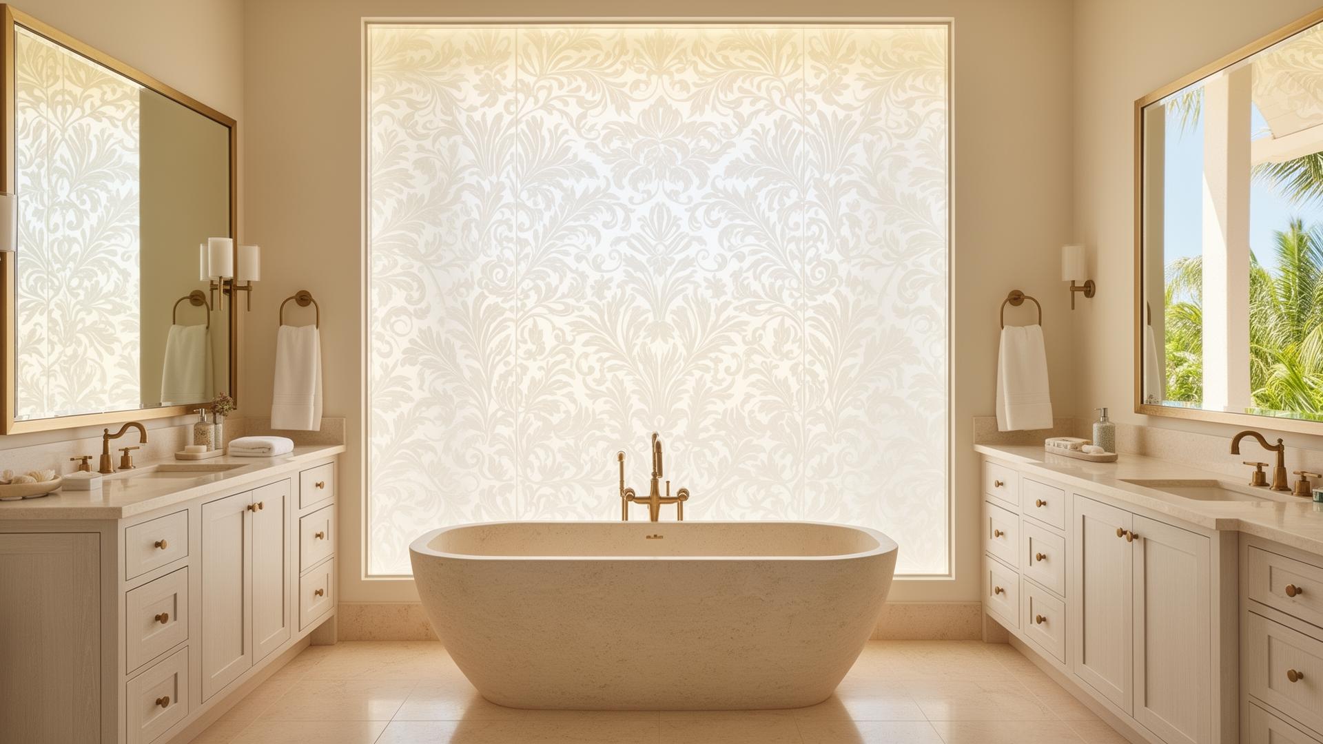 Naples master bathroom with a back-painted decorative glass feature wall behind a freestanding stone tub