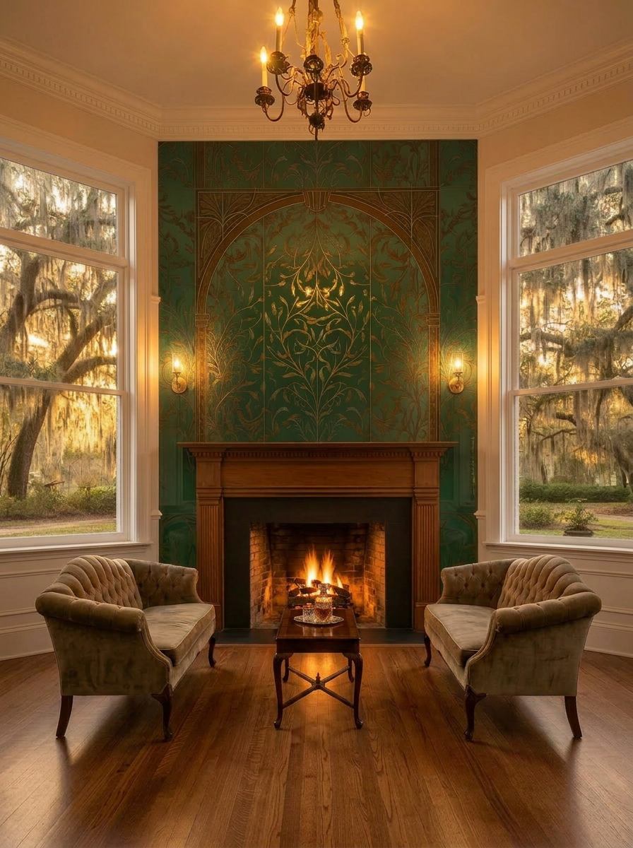 Historic Betton Hills Tallahassee living room with a frameless heritage-emerald back-painted decorative glass feature spanning the entire fireplace wall from crown molding to baseboards, framing the original wood mantle and open firebox; a tufted love seat and a wooden chest sit on a hardwood floor as a warm lit chandelier and flanking sconces wash the artwork in golden light, canopy-road live oaks and Spanish moss visible through tall windows
