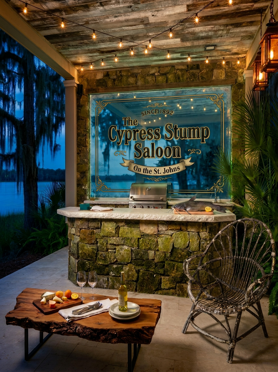 Covered riverfront lanai outdoor kitchen on the St. Johns at dusk with a back-painted decorative glass backsplash in deep coastal blue-green behind the grill, coastal limestone counters, and a stone fire pit lounge beyond, live oaks and Spanish moss in silhouette