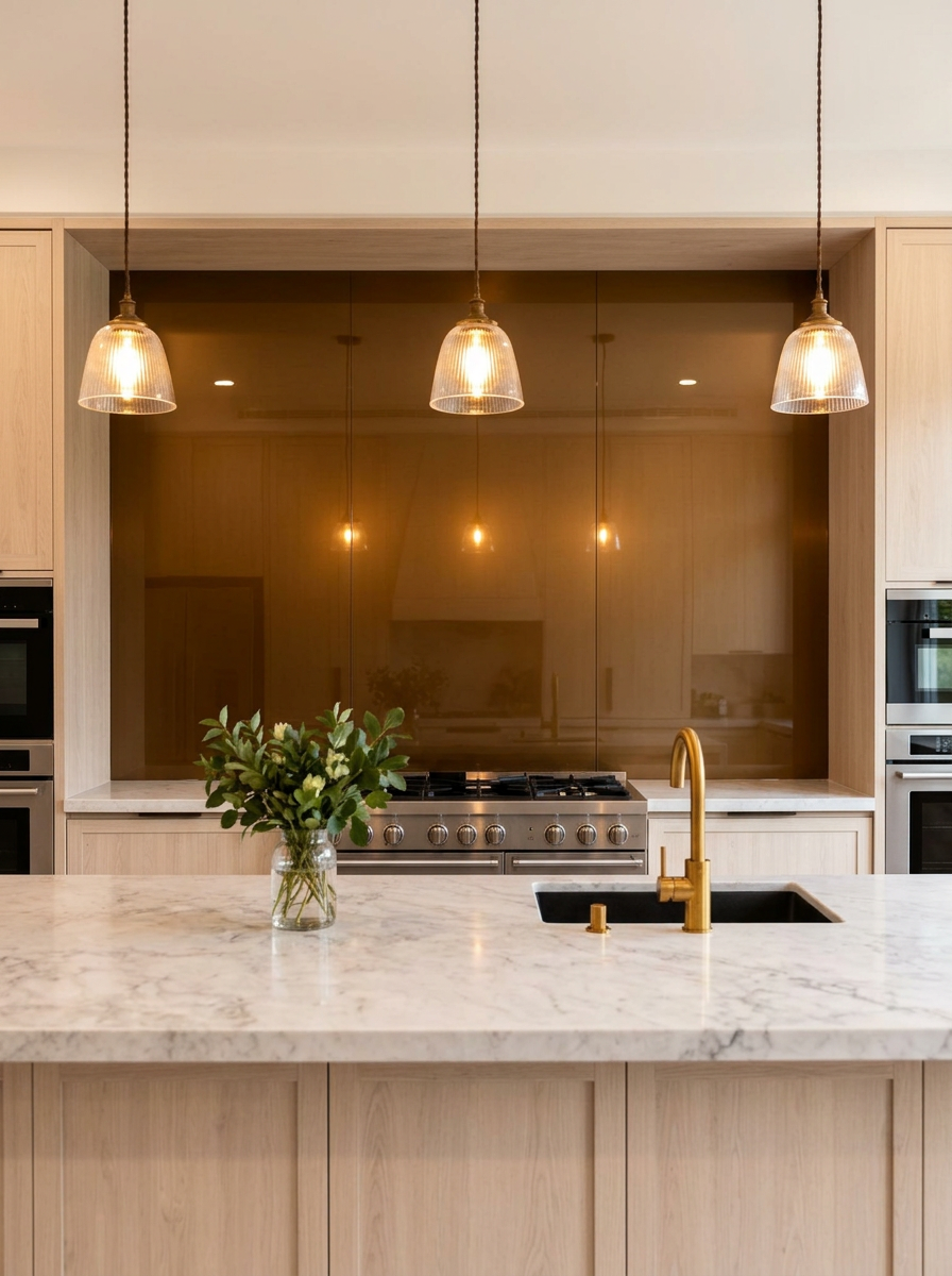 Central Florida gourmet kitchen with a back-painted decorative glass backsplash in deep champagne-bronze