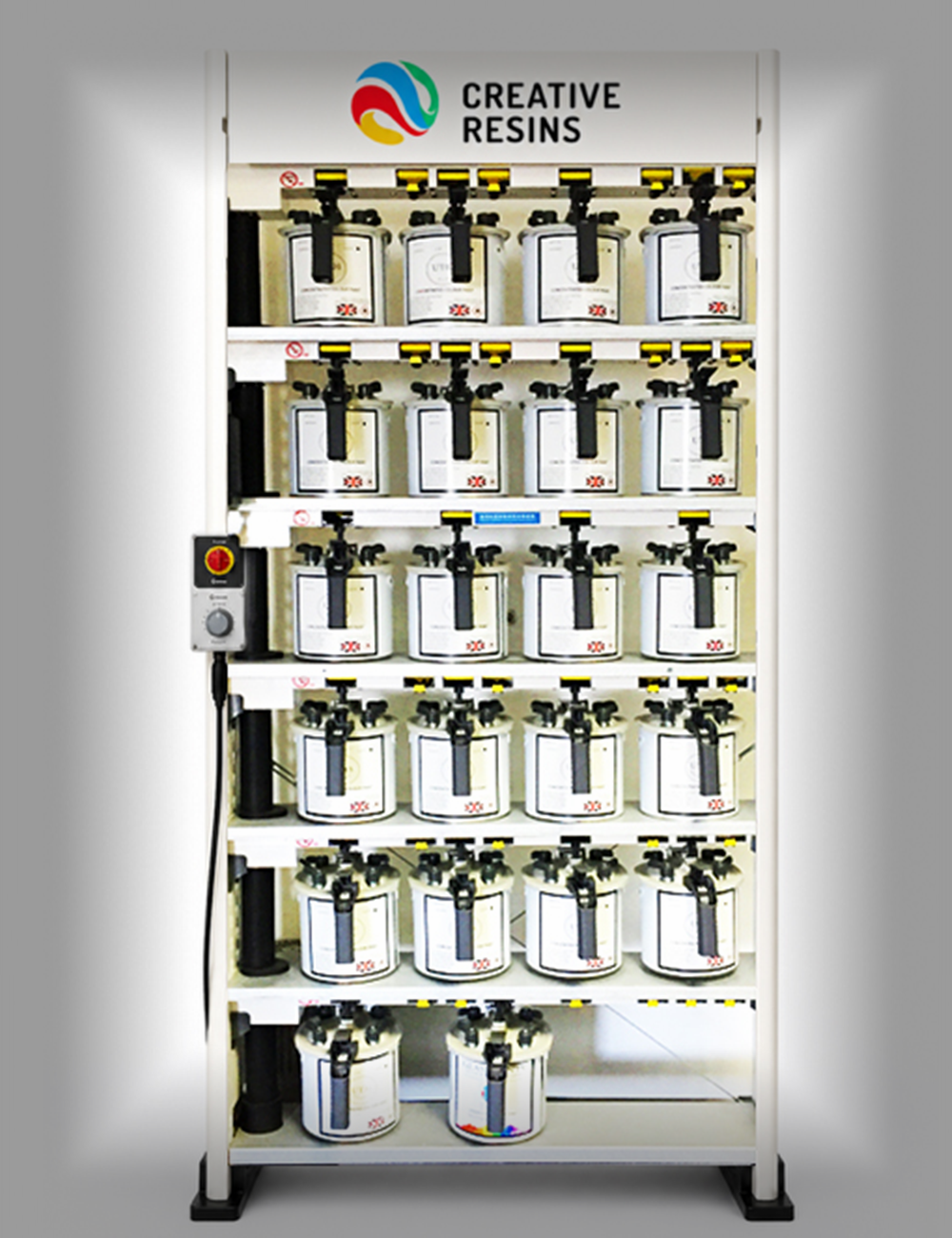 Semi-Automated Creative Resins 24-station mixer rack with paint cans and precision dispensing