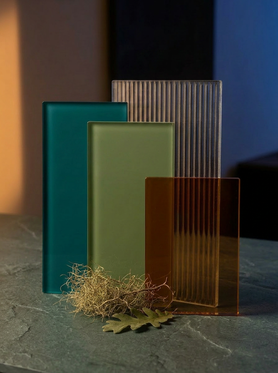 Still life of back-painted decorative glass samples in river teal, oak moss, and amber bronze beside a reeded glass sample, with Spanish moss and a live-oak leaf on a warm walnut surface
