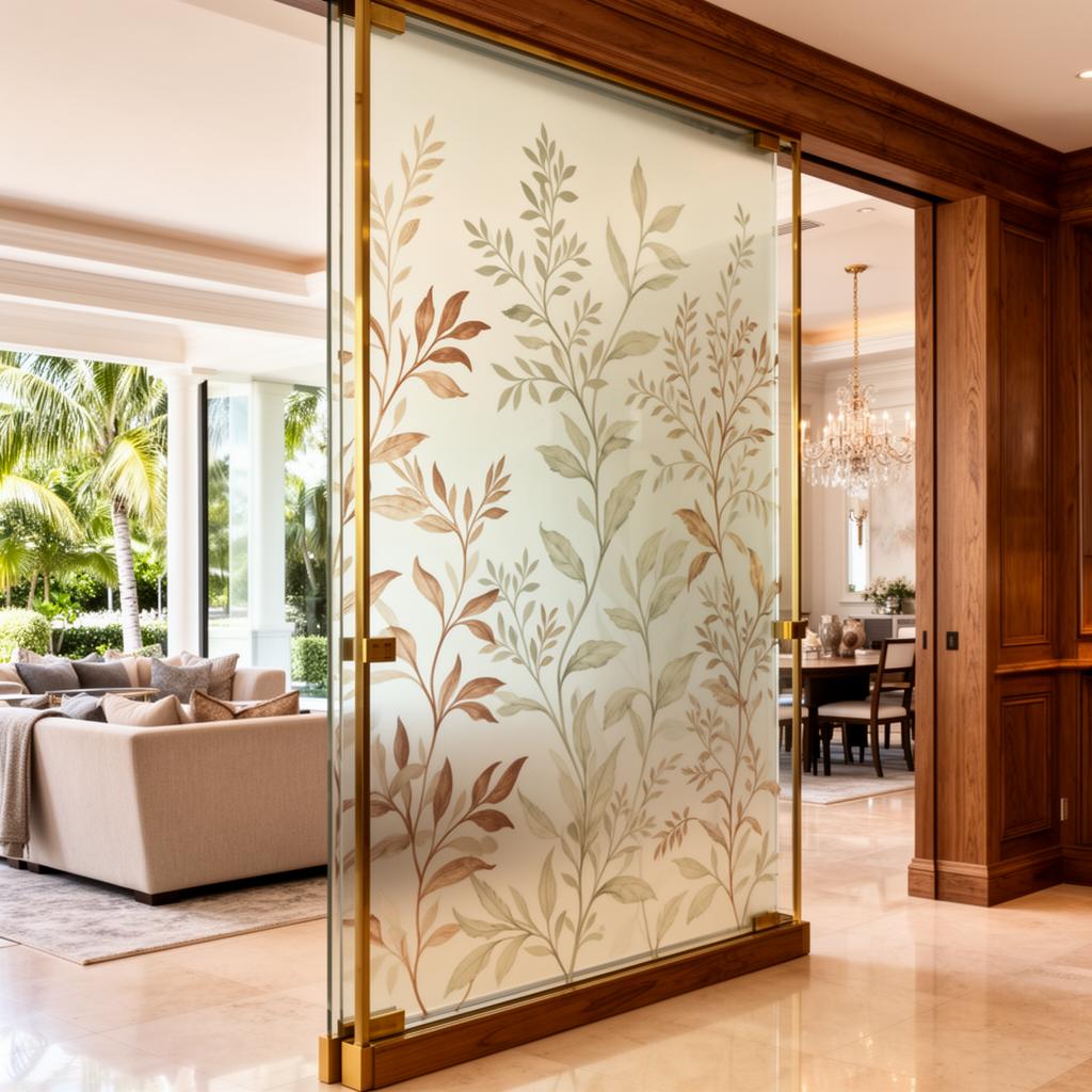 Coral Gables estate interior with a patterned antique-mirror decorative glass partition dividing an open living plan, warm brass hardware and oak millwork