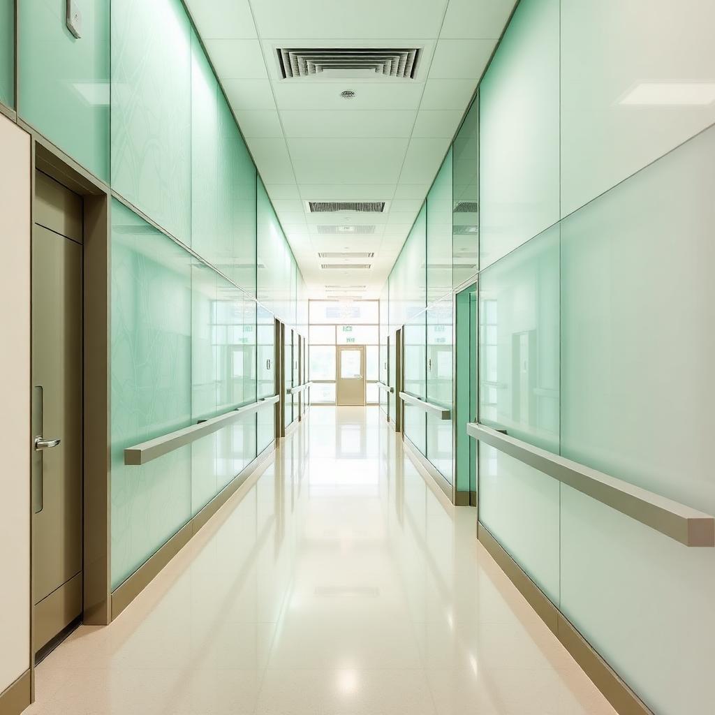 Modern healthcare facility patient corridor with calming pale-green back-painted decorative glass wall panels and soft natural light