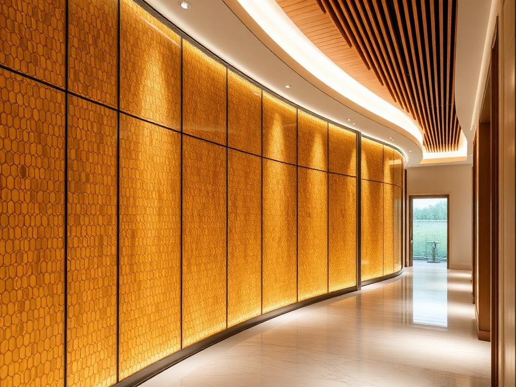 Marco Island luxury resort spa corridor with warm-metallic patterned decorative glass wall panels
