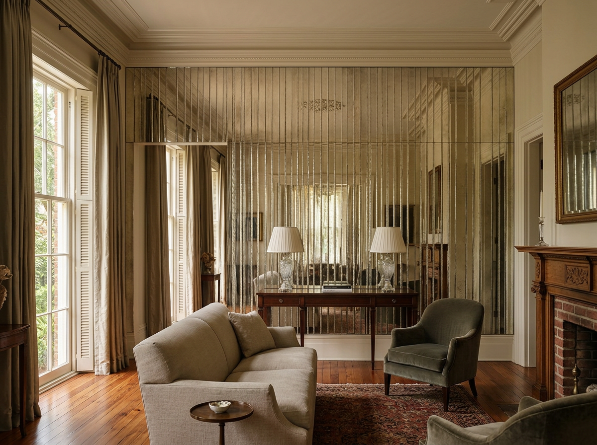 Myers Park Tallahassee historic Southern home interior with a textured antique mirror decorative glass feature wall and original wood trim