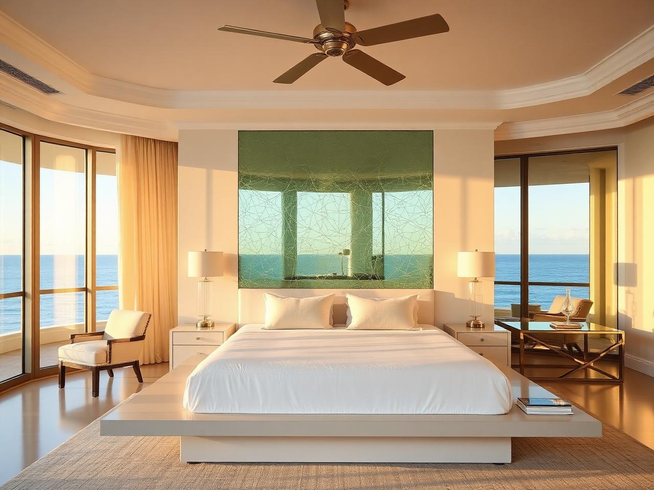 Palm Beach oceanfront primary suite with a mirror-finished back-painted decorative glass feature wall behind a low platform bed and ocean views