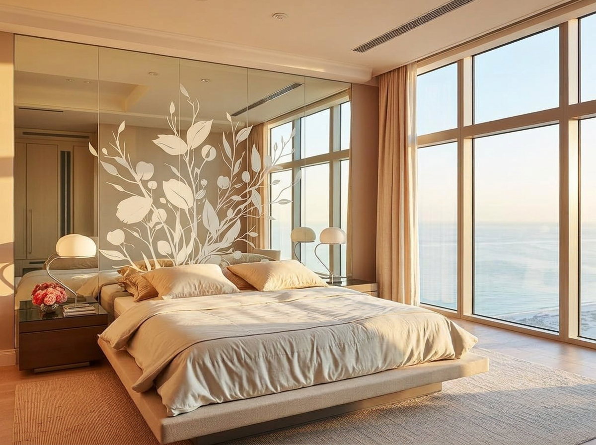 Park Shore Naples high-rise primary bedroom with a printed decorative glass headboard wall and Gulf view